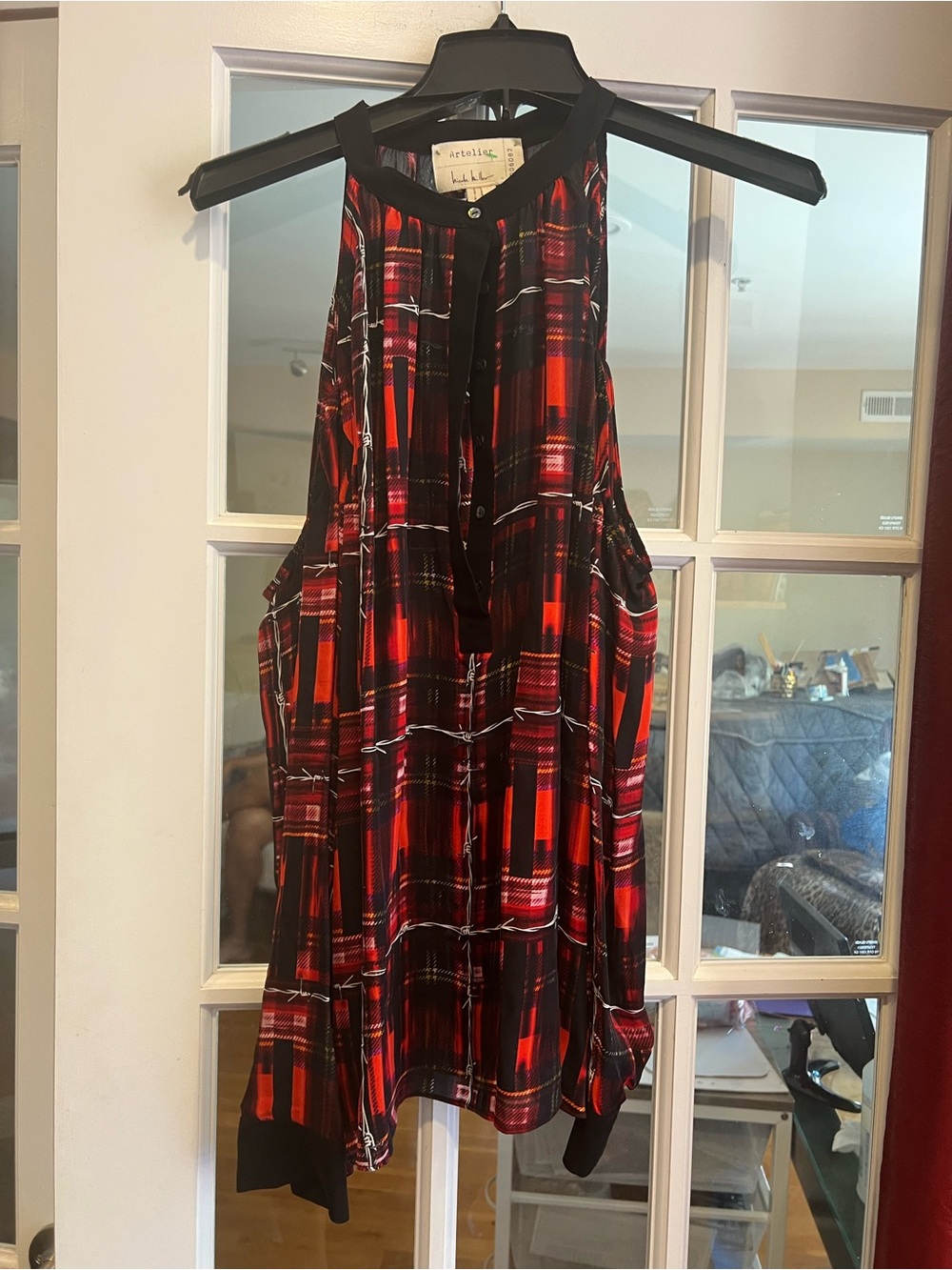 Nicole Miller Red and Black Plaid Halter Tunic Mini Dress